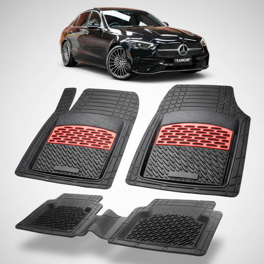 Set of black car floor mats with red accents on a white background, featuring a Mercedes-Benz car.