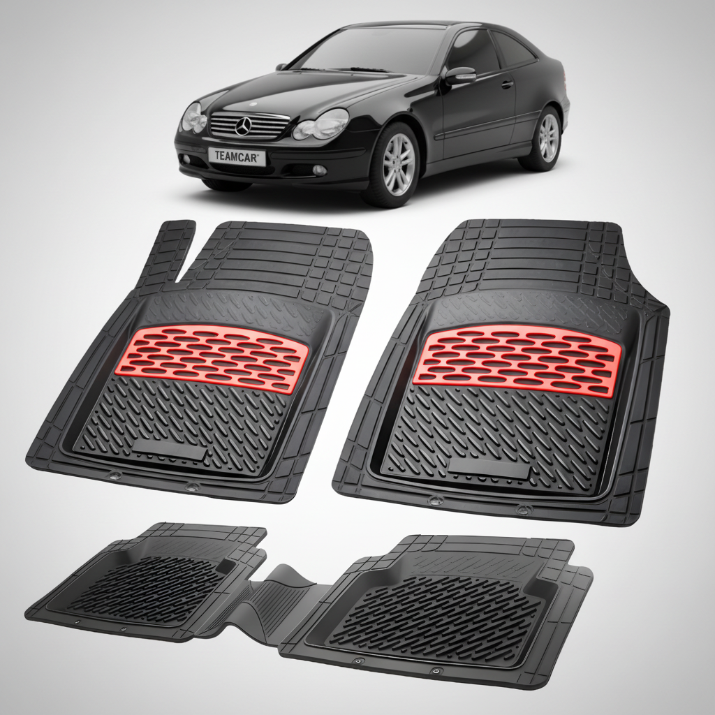 Set of black car floor mats with a Mercedes-Benz car in the background