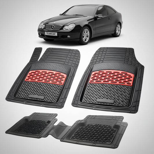 Set of black car floor mats with a Mercedes-Benz car in the background