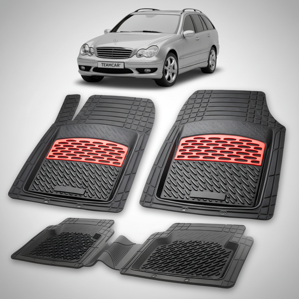 Set of black car floor mats with red accents on a white background, featuring a car model above.