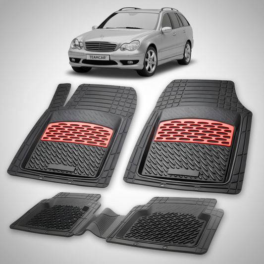 Set of black car floor mats with red accents on a white background, featuring a car model above.