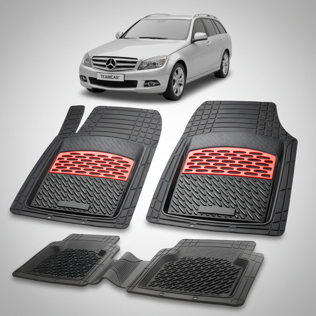 Set of black car floor mats with red accents on a white background, featuring a Mercedes-Benz car.