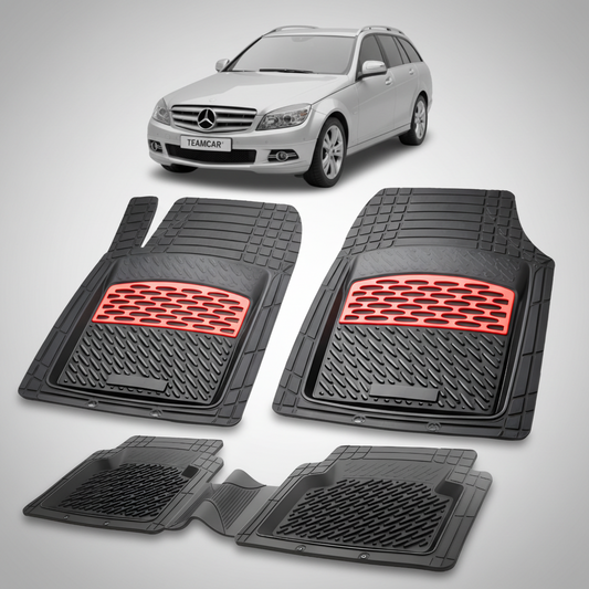 Set of black car floor mats with red accents on a white background, featuring a Mercedes-Benz car.