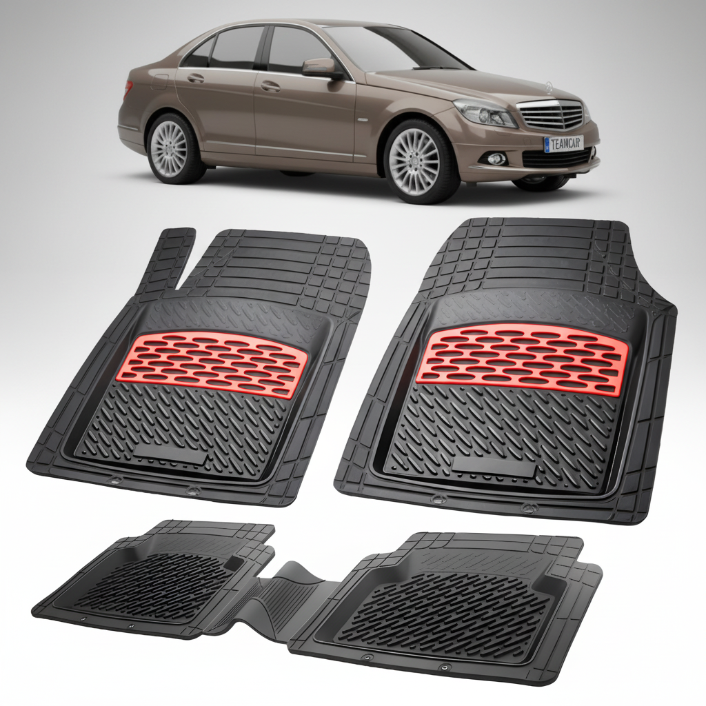 Set of car floor mats with red accents on a white background, featuring a car model above.