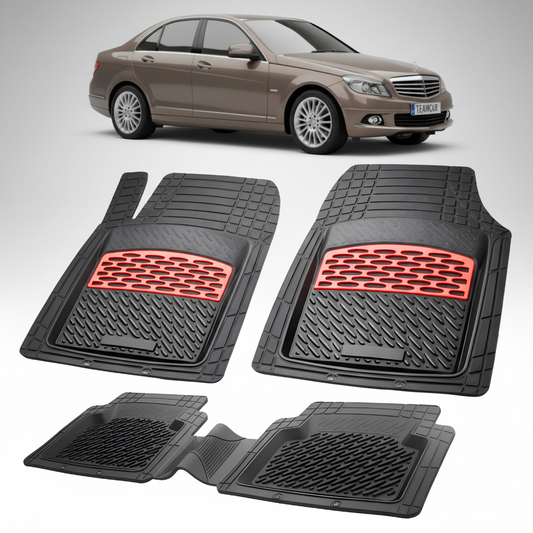 Set of car floor mats with red accents on a white background, featuring a car model above.
