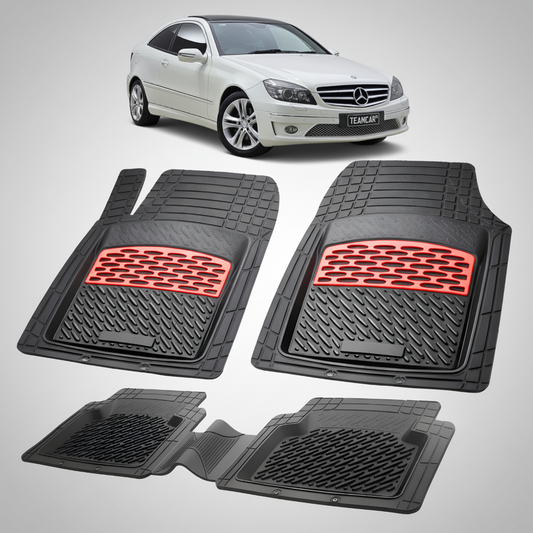 Set of black car floor mats with red accents on a white background, featuring a Mercedes-Benz car.