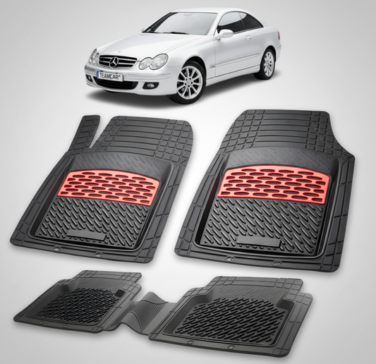 Set of black car floor mats with red accents on a white background, featuring a Mercedes-Benz car.