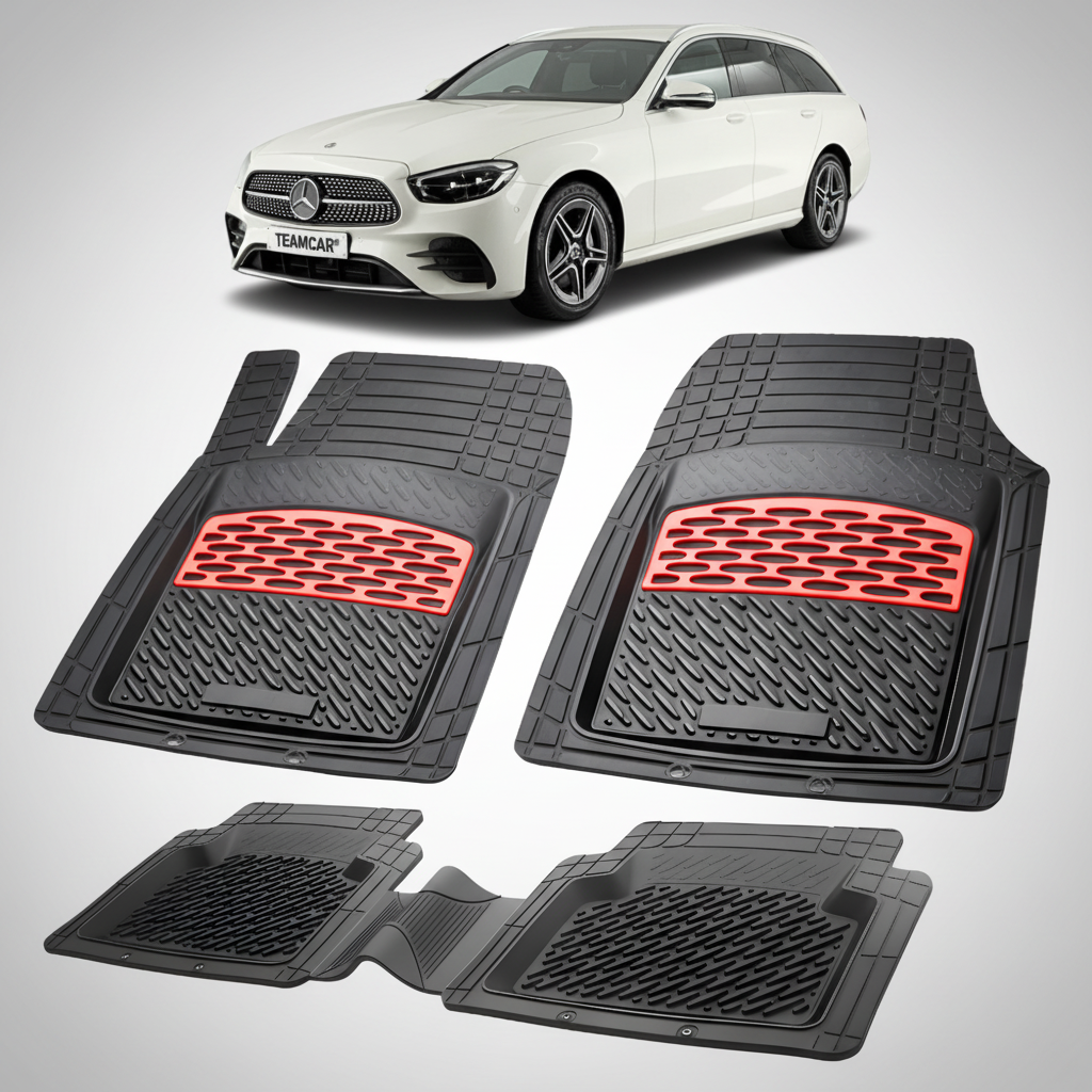 Set of black car floor mats with red accents on a white background, featuring a Mercedes-Benz car.