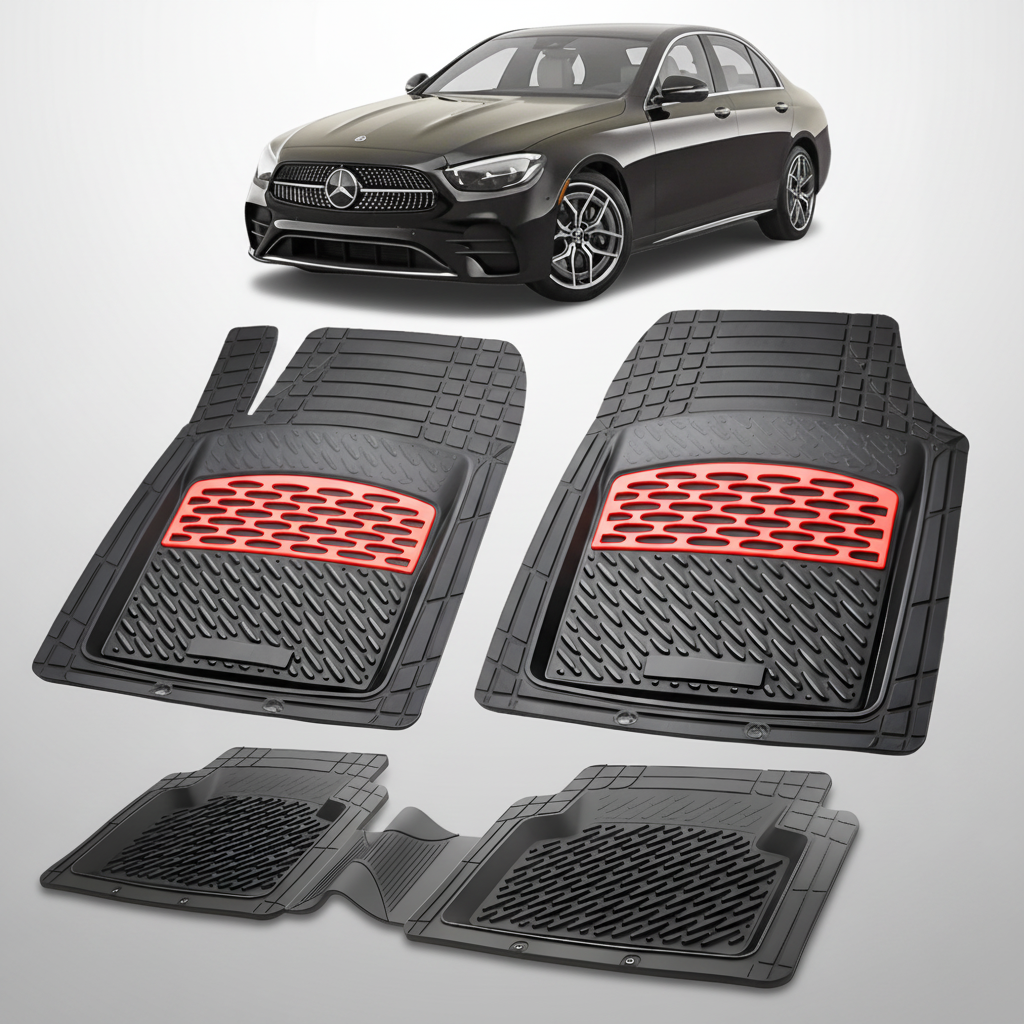Set of black car floor mats with red accents on a white background, featuring a Mercedes-Benz car.
