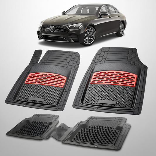 Set of black car floor mats with red accents on a white background, featuring a Mercedes-Benz car.