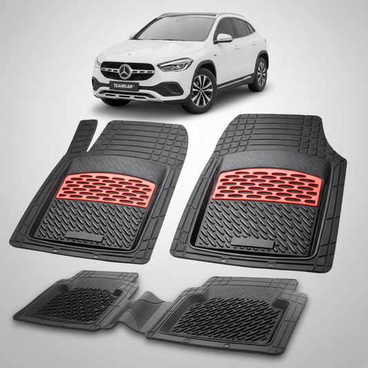 Set of black car floor mats with red accents on a white background, featuring a Mercedes-Benz car.