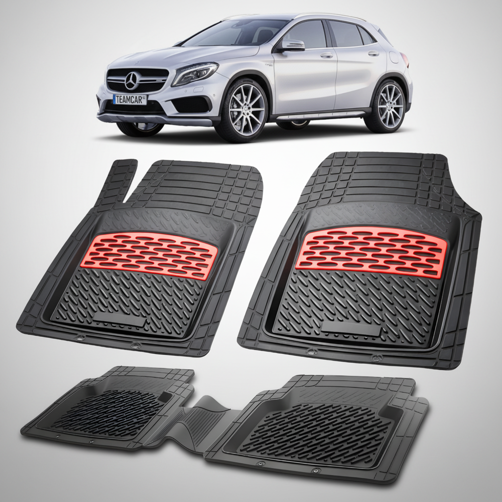 Set of car floor mats with red accents on a white background, featuring a Mercedes-Benz car.