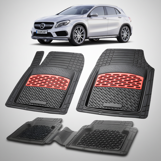 Set of car floor mats with red accents on a white background, featuring a Mercedes-Benz car.
