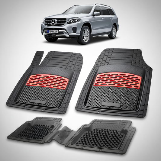 Set of black car floor mats with red accents on a white background, featuring a Mercedes-Benz vehicle.