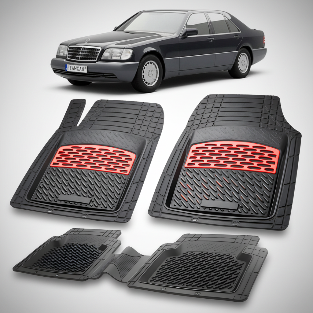 Set of black car mats with red accents on a white background, featuring a Mercedes-Benz car.