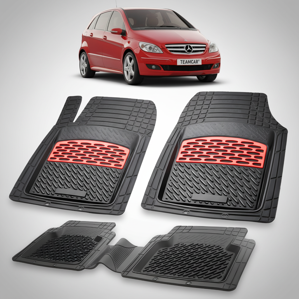 Set of black car floor mats with red accents on a white background, featuring a red car.