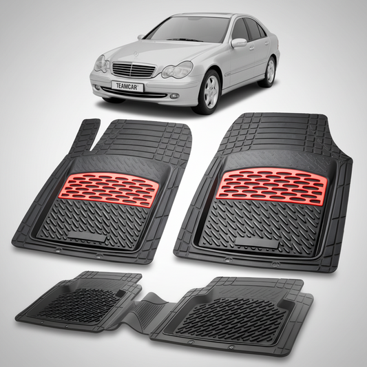 Set of black car floor mats with red accents on a white background, featuring a Mercedes-Benz car.