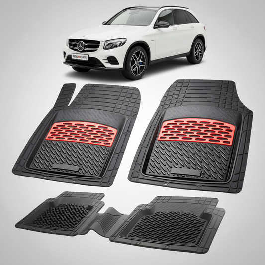 Set of black car floor mats with red accents on a white background, featuring a Mercedes-Benz GLC.