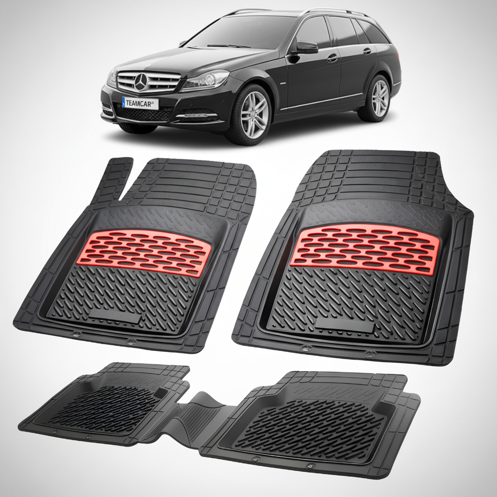Set of black car floor mats with red accents on a white background, featuring a Mercedes-Benz car.