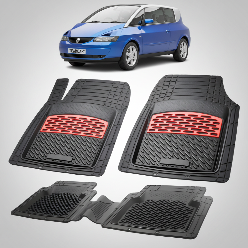 set de covorase din cauciuc negre cu accente rosii cu un renault avantime coupe-mpv albastru in fundal