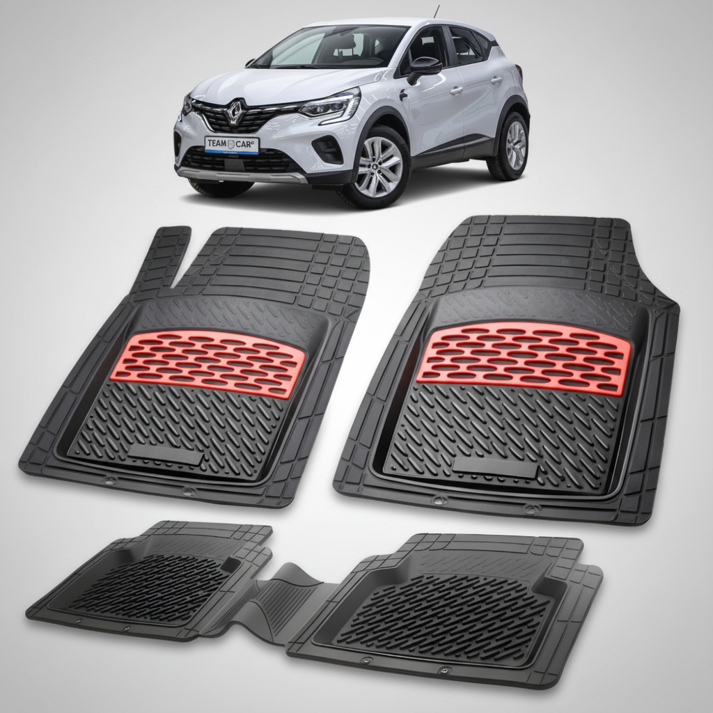 set de covorase din cauciuc negre cu accente rosii cu un renault captur ii suv gri in fundal