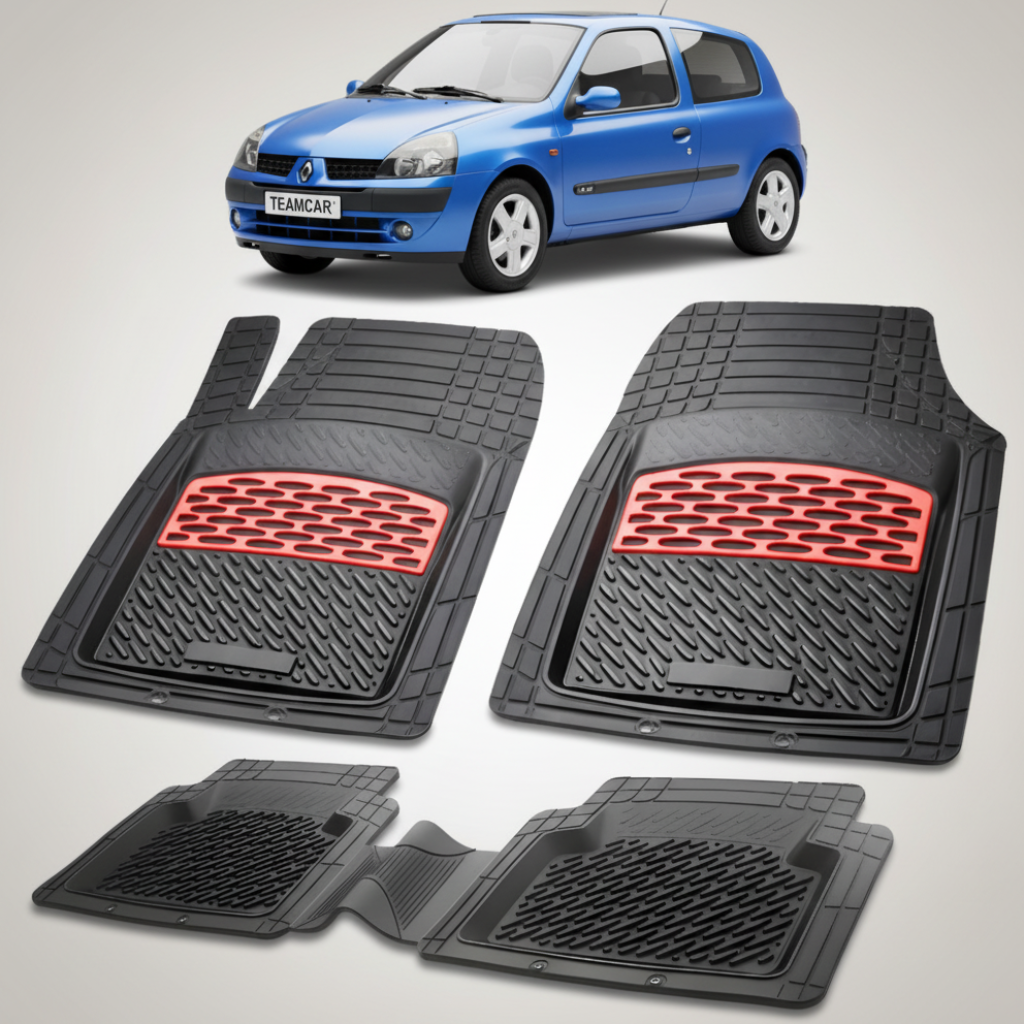 set de covorase din cauciuc negre cu accente rosii cu renault clio ii hatchback albastru in fundal