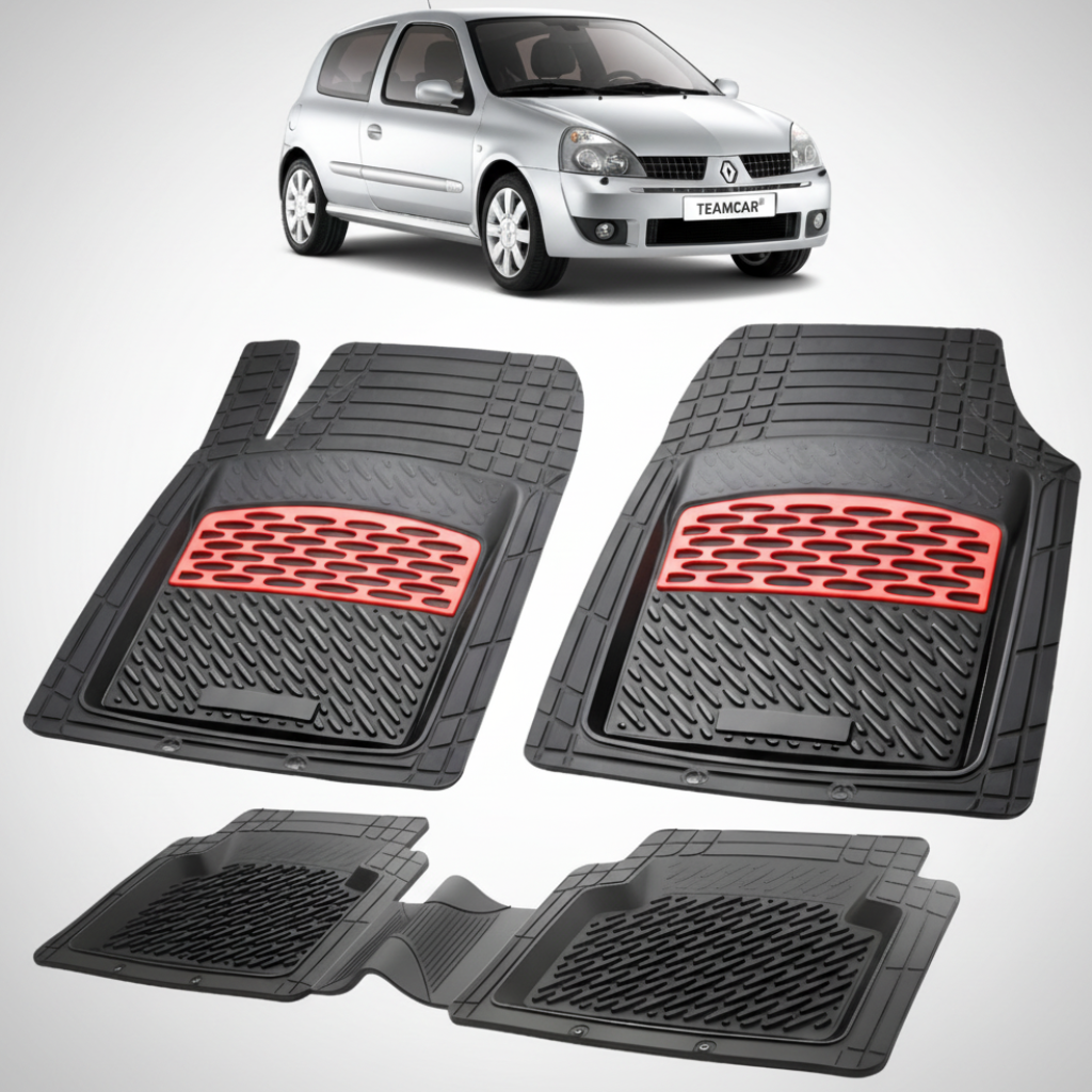set de covorase din cauciuc negre cu accente rosii cu renault clio ii hatchback argintie in fundal