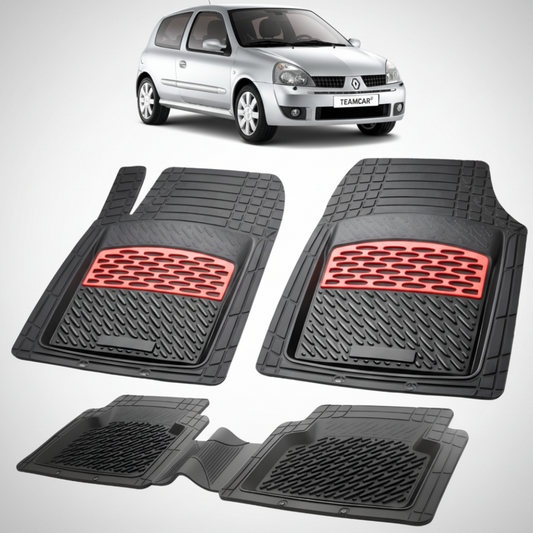 set de covorase din cauciuc negre cu accente rosii cu renault clio ii hatchback argintie in fundal