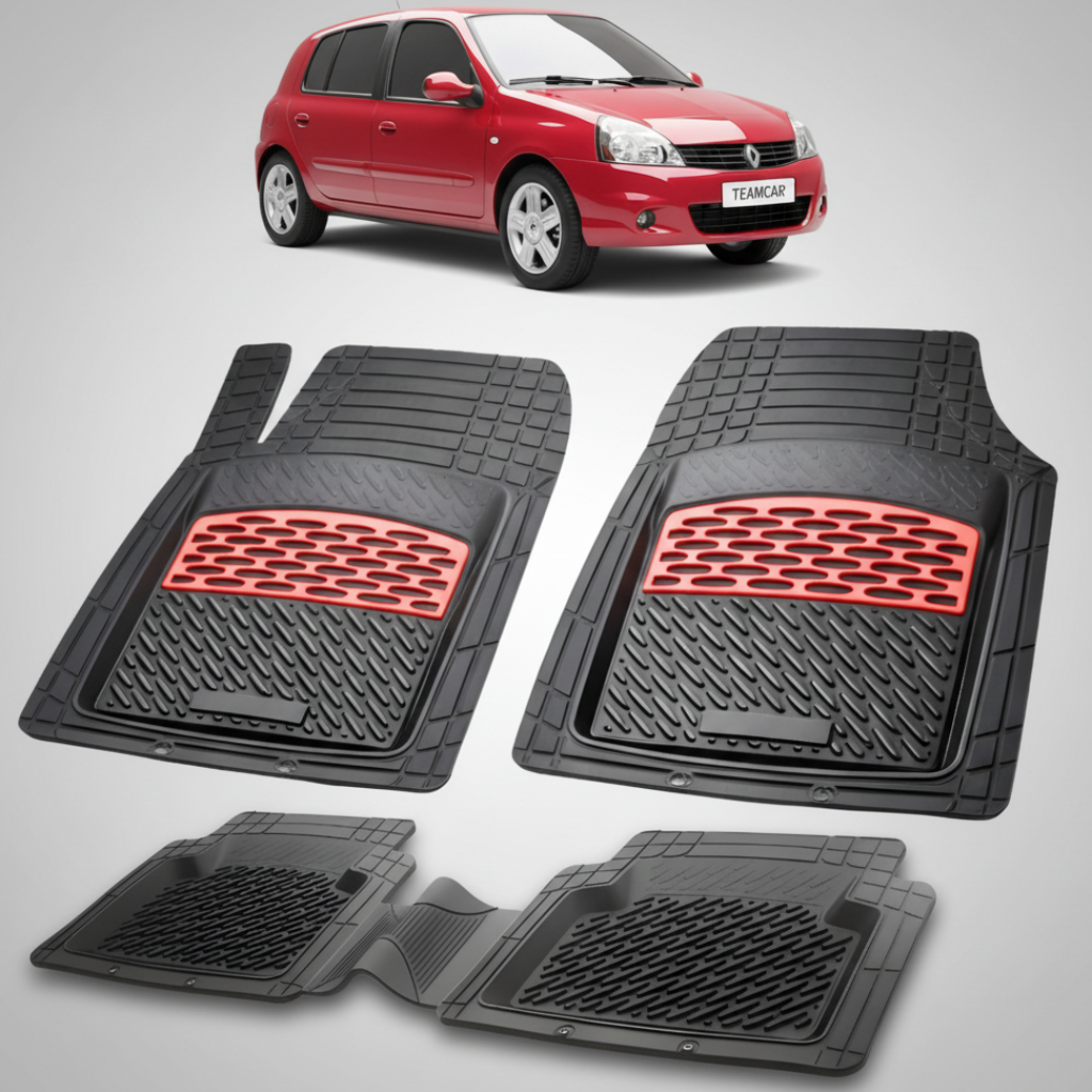 set de covorase din cauciuc negre cu accente rosii cu renault clio ii campus hatchback rosie in fundal