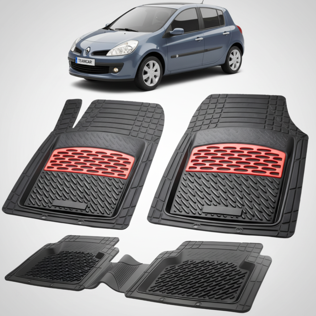 set de covorase din cauciuc negre cu accente rosii cu renault clio iii hatchback albastra in fundal