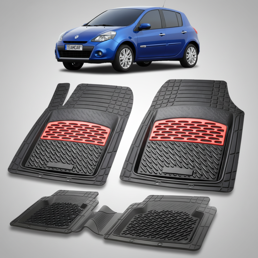 set de covorase din cauciuc negre cu accente rosii cu renault clio iii hatchback albastra in fundal