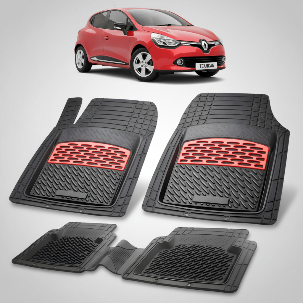 set de covorase din cauciuc negre cu accente rosii cu renault clio iv hatchback rosu in fundal