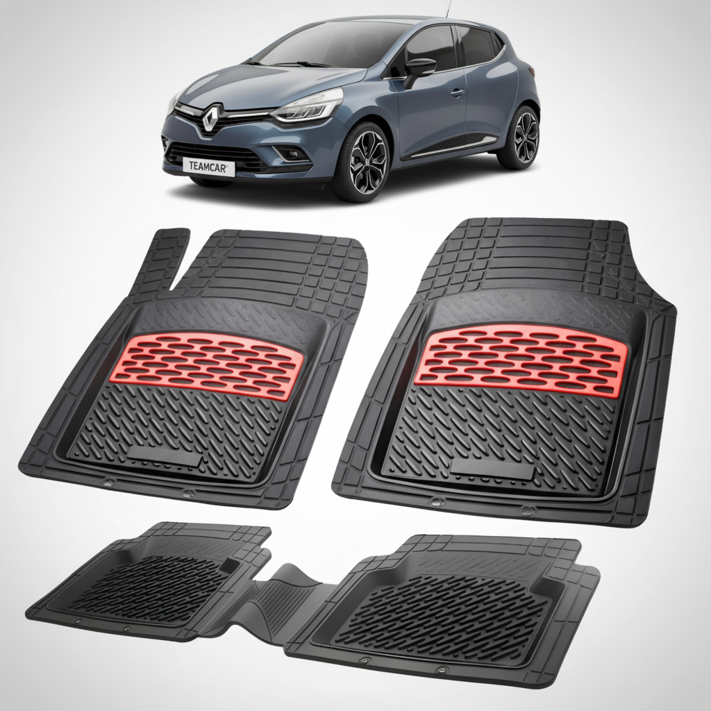 set de covorase din cauciuc negre cu accente rosii cu renault clio iv hatchback albastra in fundal