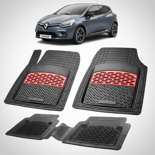 set de covorase din cauciuc negre cu accente rosii cu renault clio iv hatchback albastra in fundal