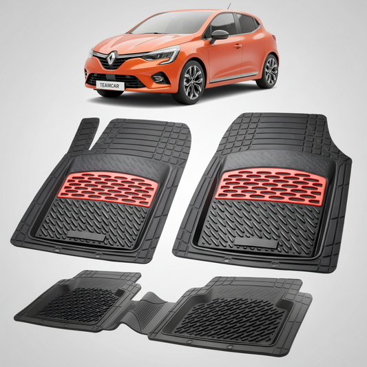 set de covorase din cauciuc negre cu accente rosii cu renault clio v hatchback portocalie in fundal
