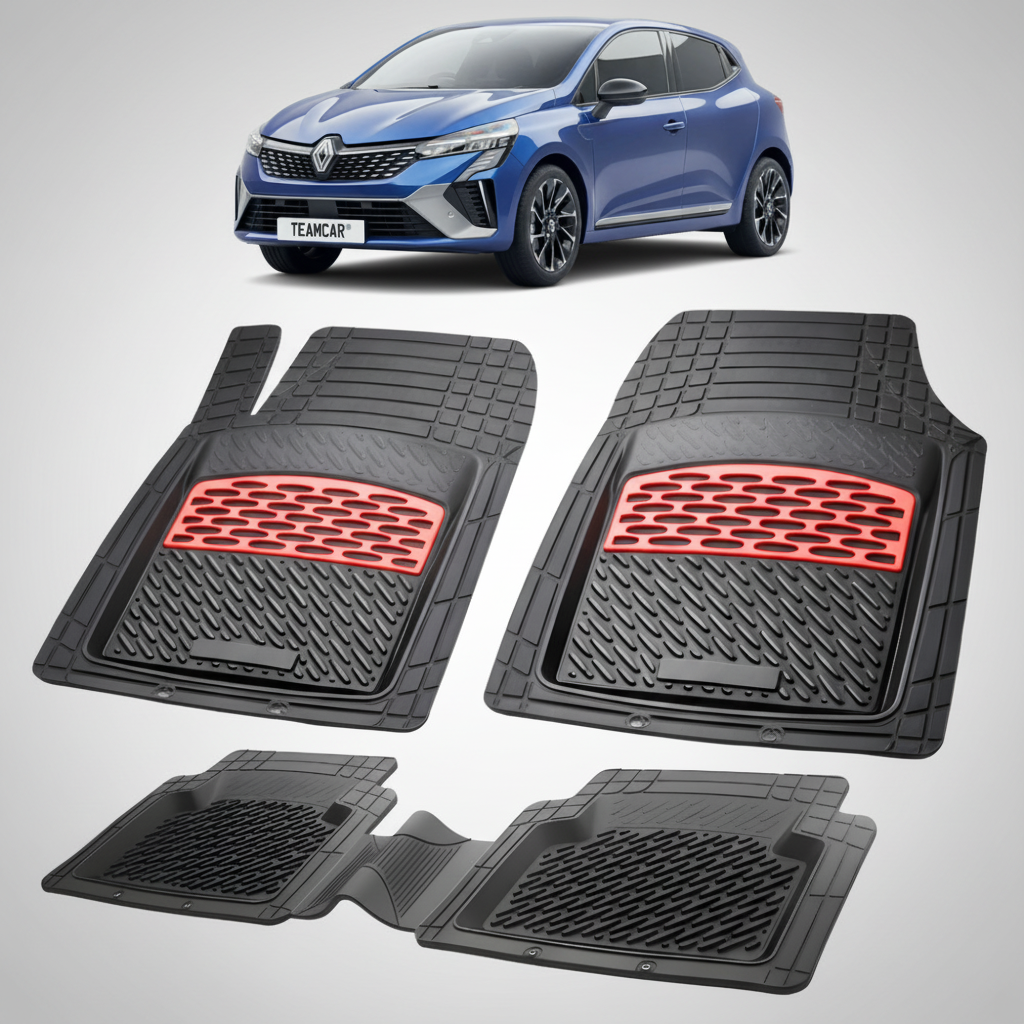 set de covorase din cauciuc negre cu accente rosii cu renault clio v hatchback albastru in fundal
