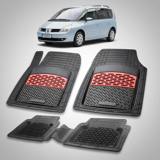 set de covorase din cauciuc negre cu accente rosii cu un renault espace iv albastru deschis in fundal