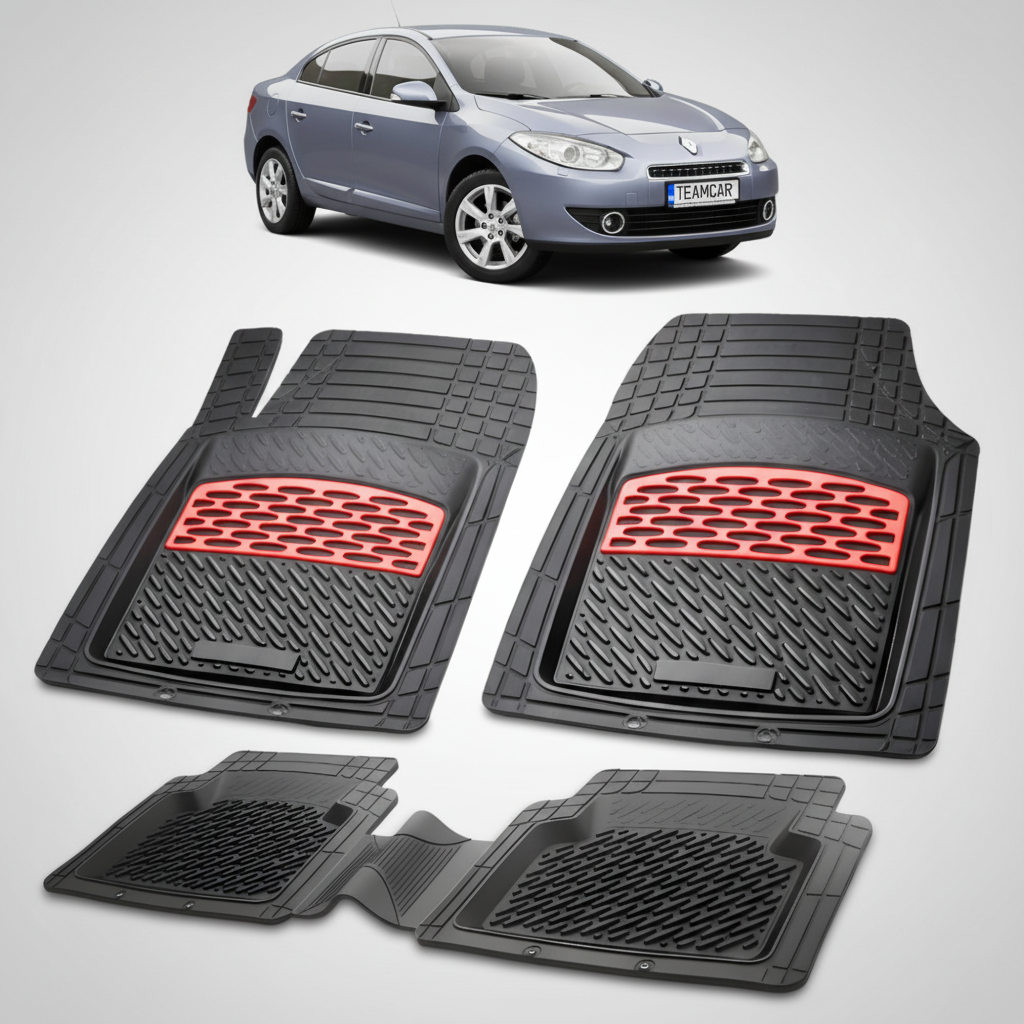 set de covorase din cauciuc negre cu accente rosii cu un renault fluence sedan gri in fundal