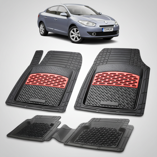 set de covorase din cauciuc negre cu accente rosii cu un renault fluence sedan gri in fundal