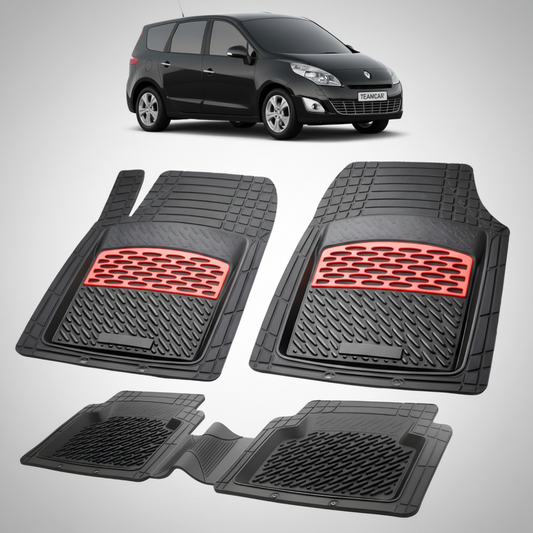 set de covorase din cauciuc negre cu accente rosii cu un renault scenic iii mpv(long)  negru in fundal