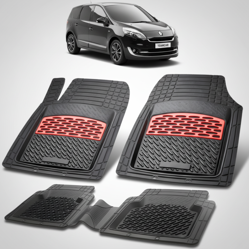 set de covorase din cauciuc negre cu accente rosii cu un renault grand scenic iii mpv(long) negru in fundal