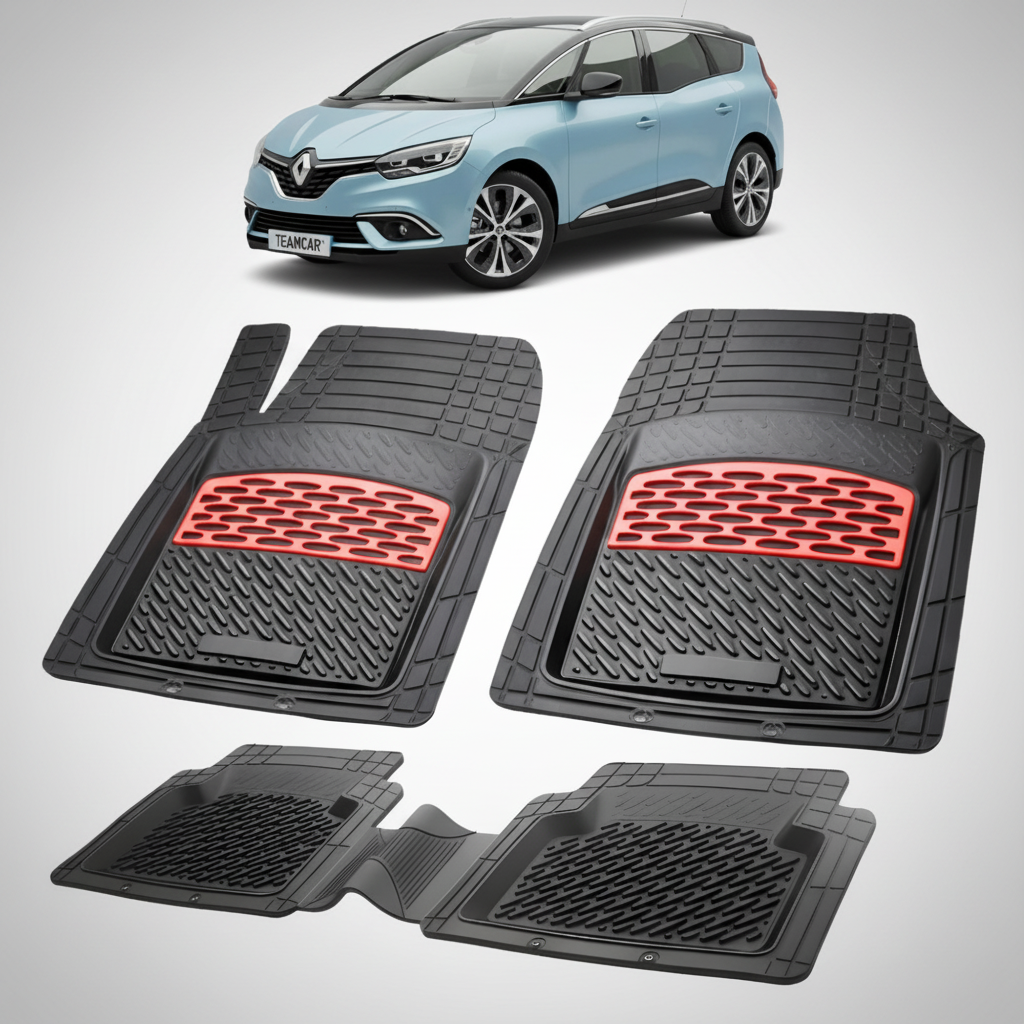 set de covorase din cauciuc negre cu accente rosii cu un renault grand scenic 4 albastru in fundal