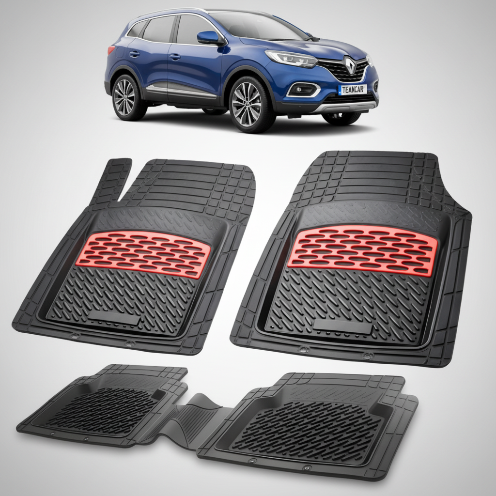 set de covorase din cauciuc negre cu accente rosii cu un renault kadjar suv albastru in fundal