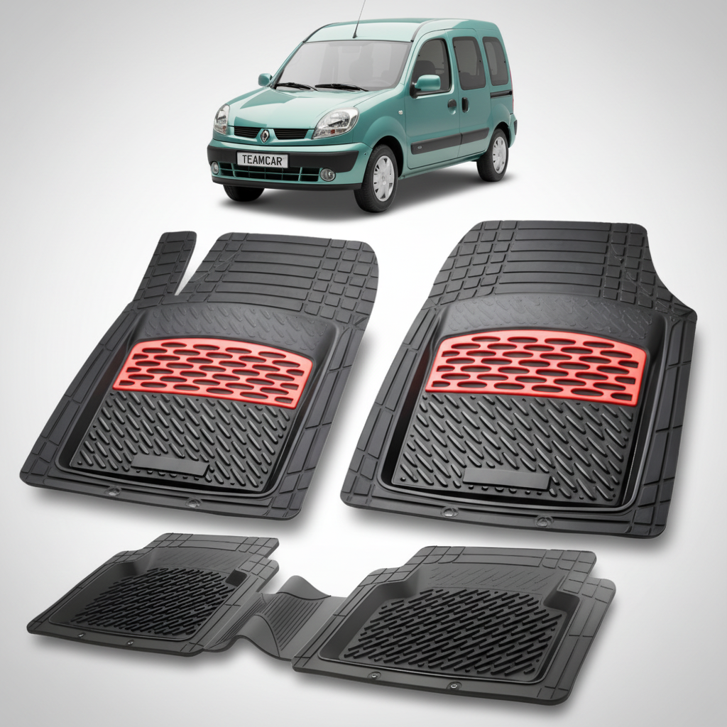set de covorase din cauciuc negre cu accente rosii cu un renault kangoo i phase 2 verde in fundal
