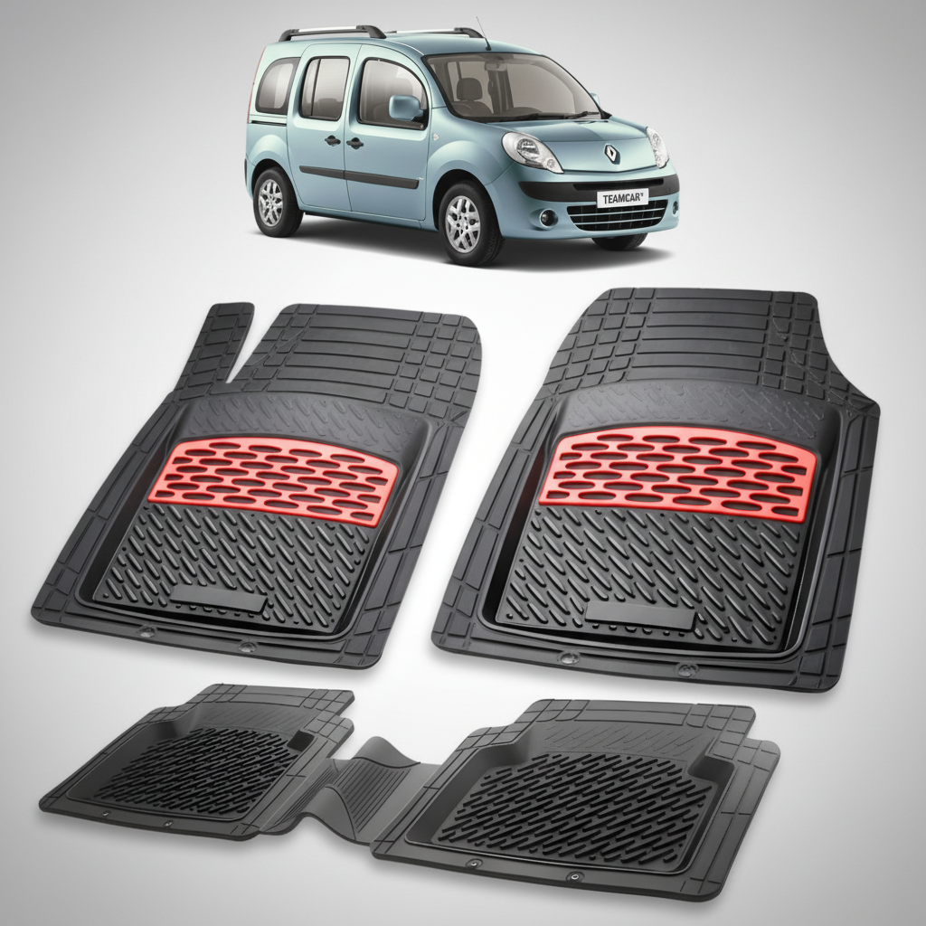 set de covorase din cauciuc negre cu accente rosii cu un renault kangoo ii phase 1 albastru deschis in fundal