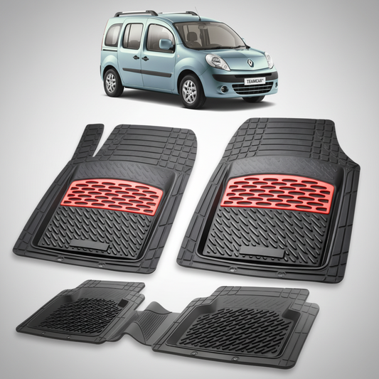 set de covorase din cauciuc negre cu accente rosii cu un renault kangoo ii phase 1 albastru deschis in fundal
