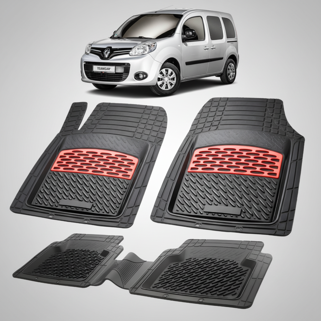 set de covorase din cauciuc negre cu accente rosii cu un renault kangoo ii phase 2 gri in fundal