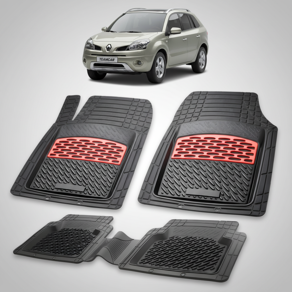 set de covorase din cauciuc negre cu accente rosii cu un renault koleos i suv bej-verzui in fundal