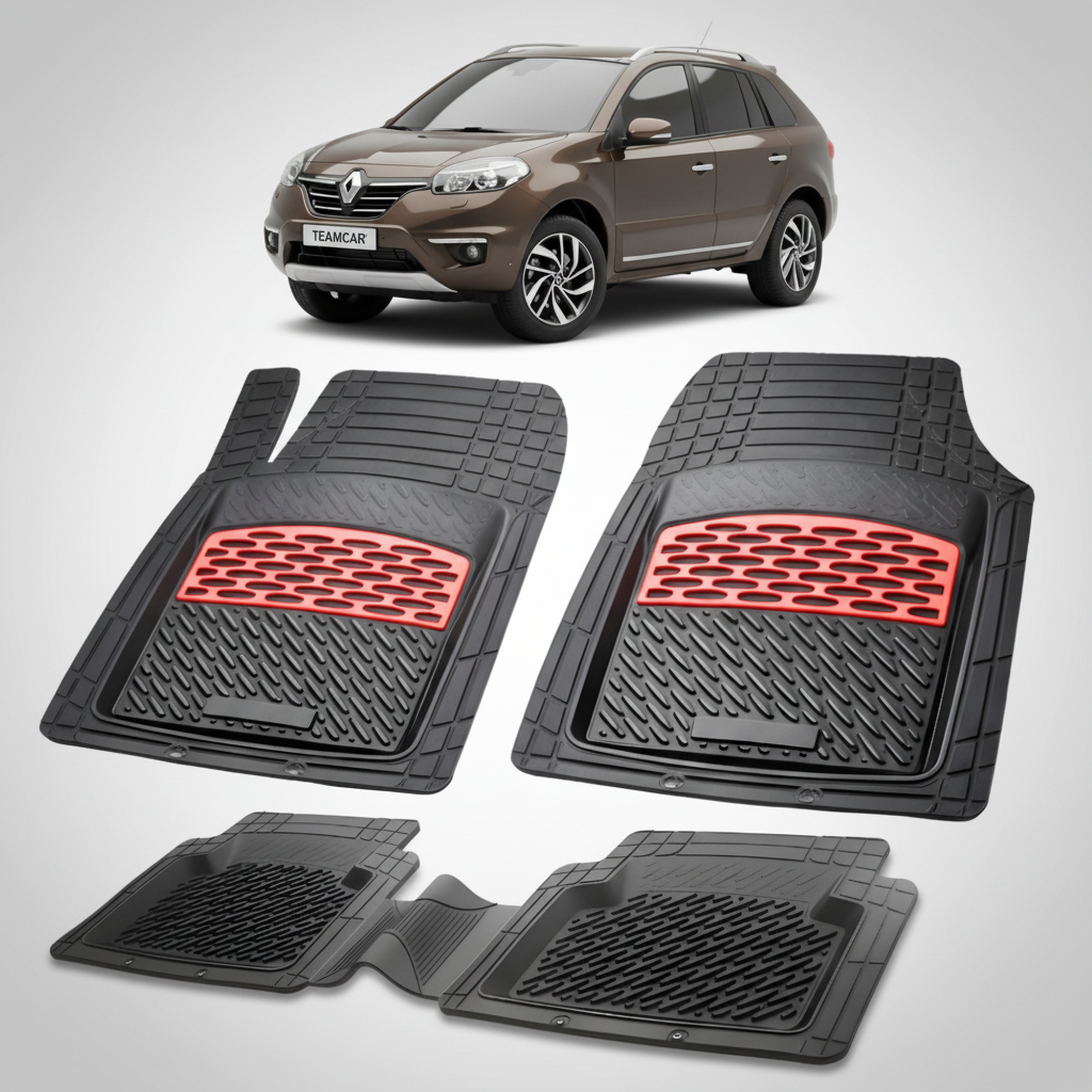 set de covorase din cauciuc negre cu accente rosii cu un renault koleos phase 3 maro in fundal