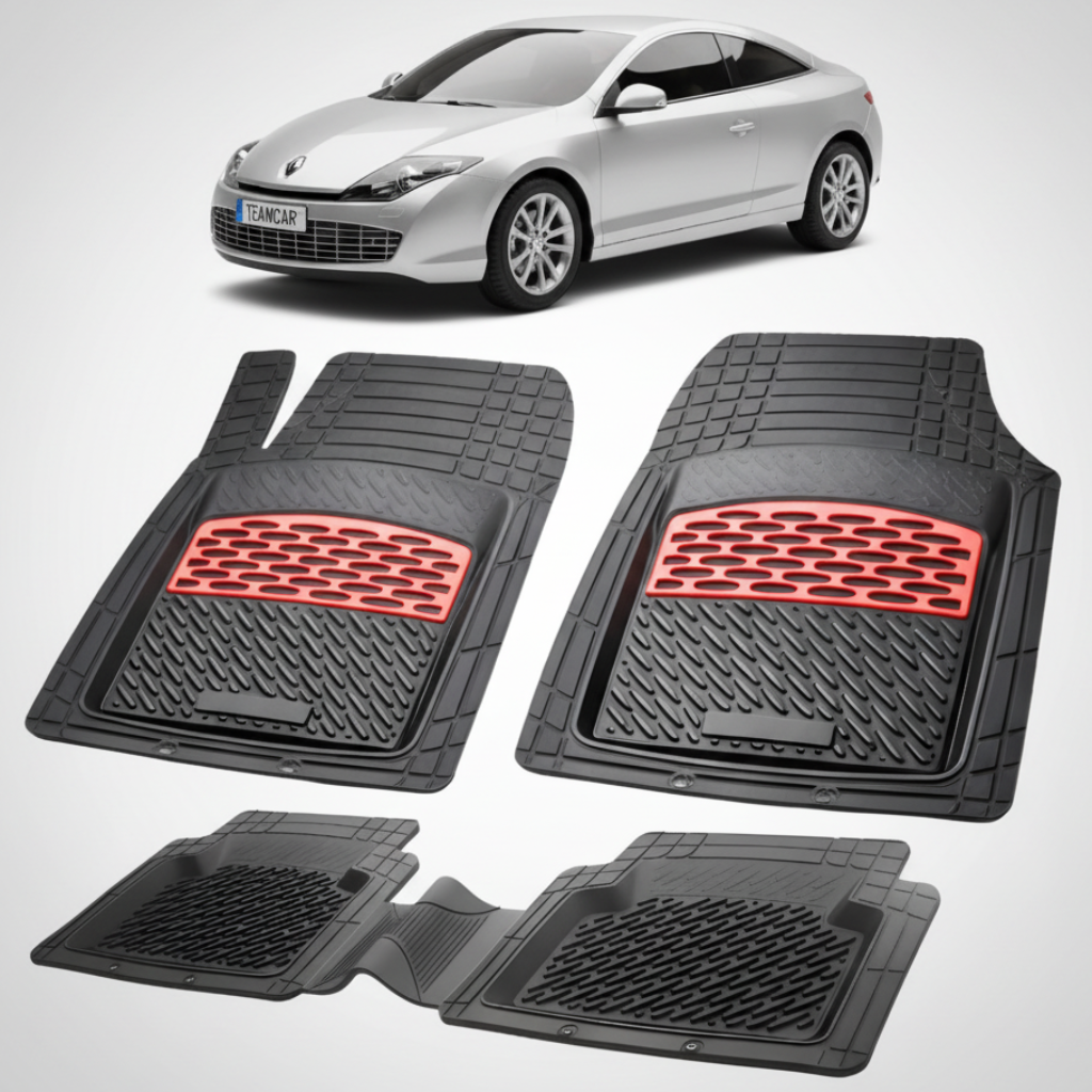 set de covorase din cauciuc negre cu accente rosii cu un renault laguna iii coupe argintiu in fundal